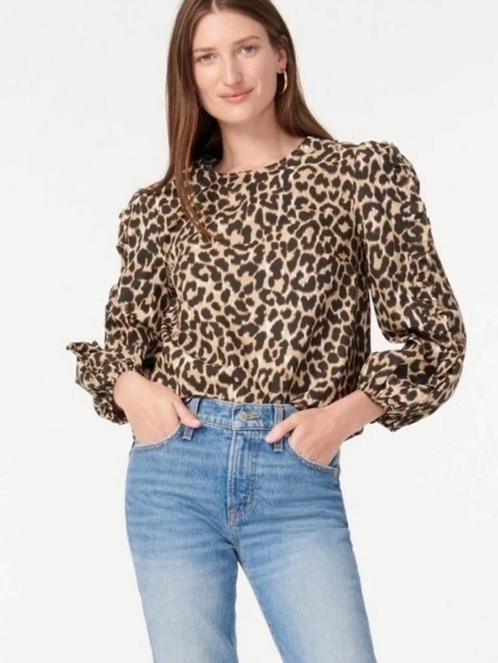 J. CREW Ruffle-Sleeve Top in Leopard Animal Print Brown Puff Sleeve Size S